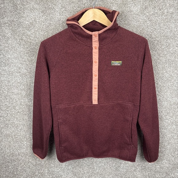 LL Bean Fleece Women's Medium 1/2 Snap Hooded Pullover Sweatshirt Maroon - Picture 1 of 6